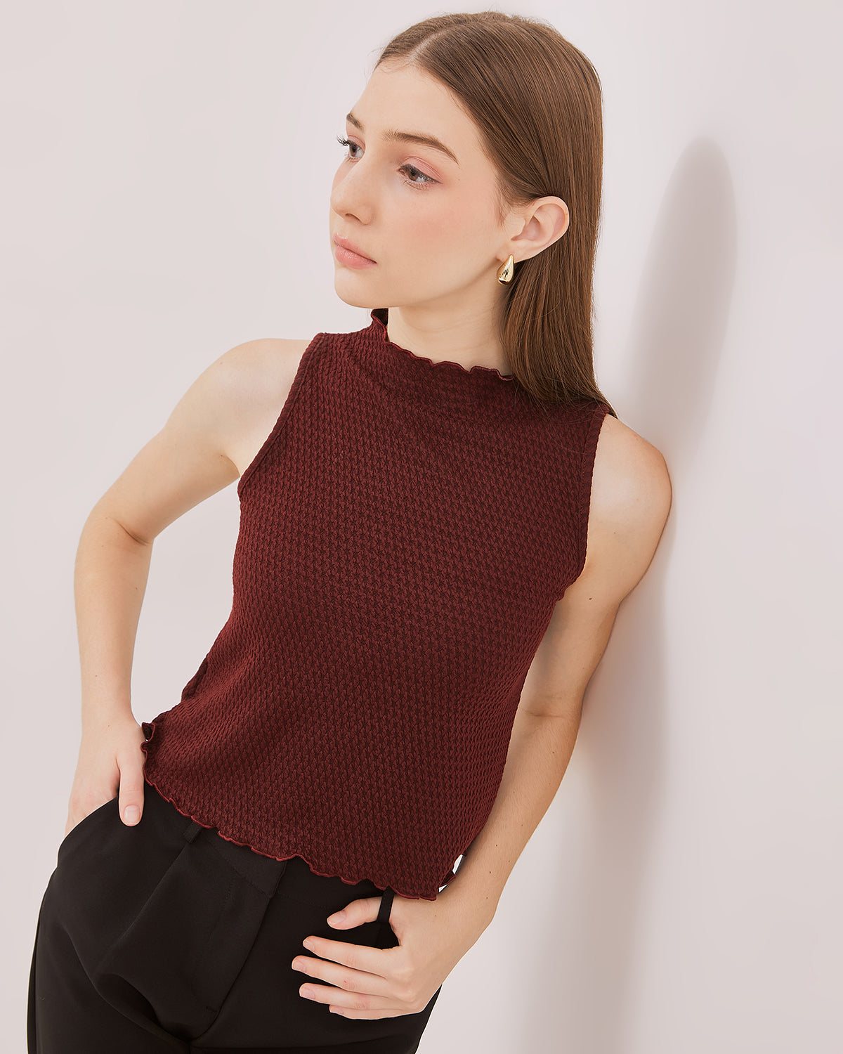 Mini Rib Maroon VALINO Maroon Red Rib Texture Sleeveless Top For Women