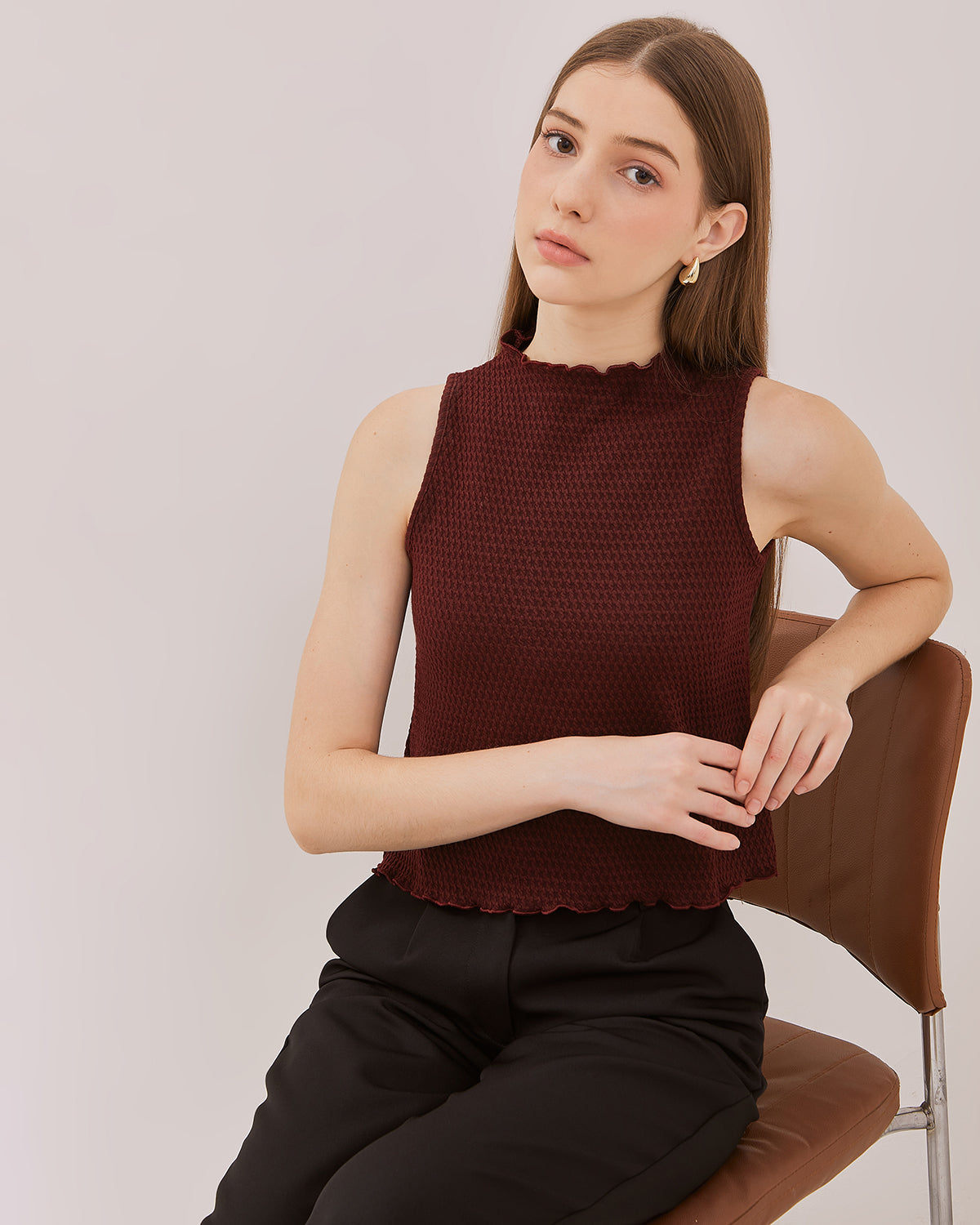 Mini Rib Maroon VALINO Maroon Red Rib Texture Sleeveless Top For Women