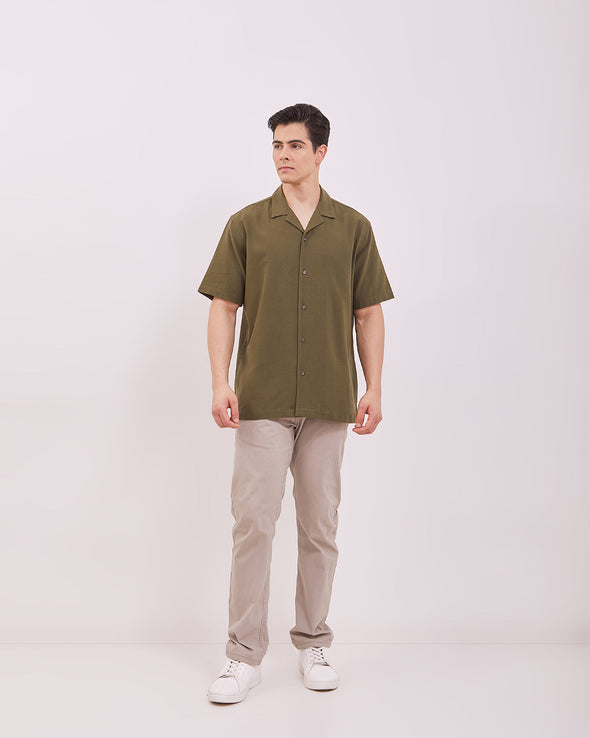 Men's Plain Olive Green Short Sleeved Shirt