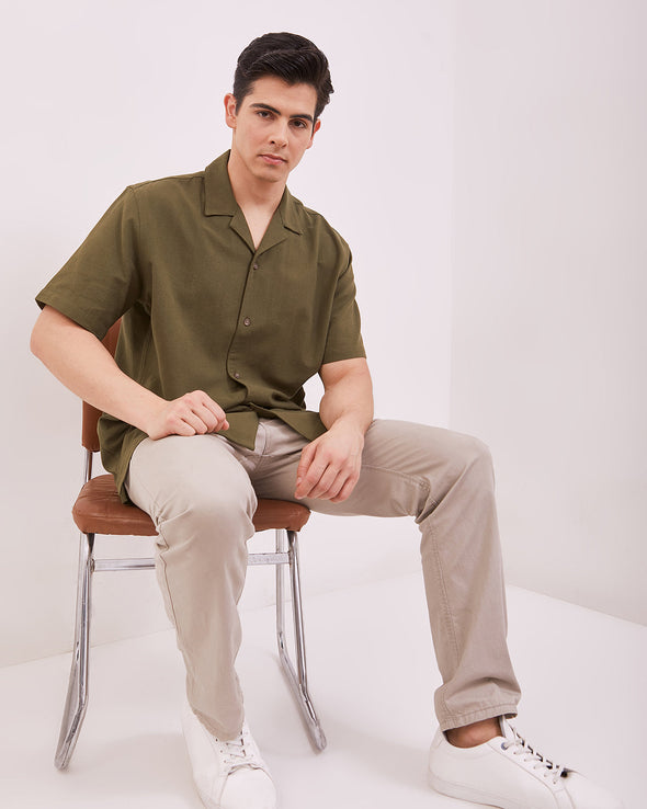 Men's Plain Olive Green Short Sleeved Shirt