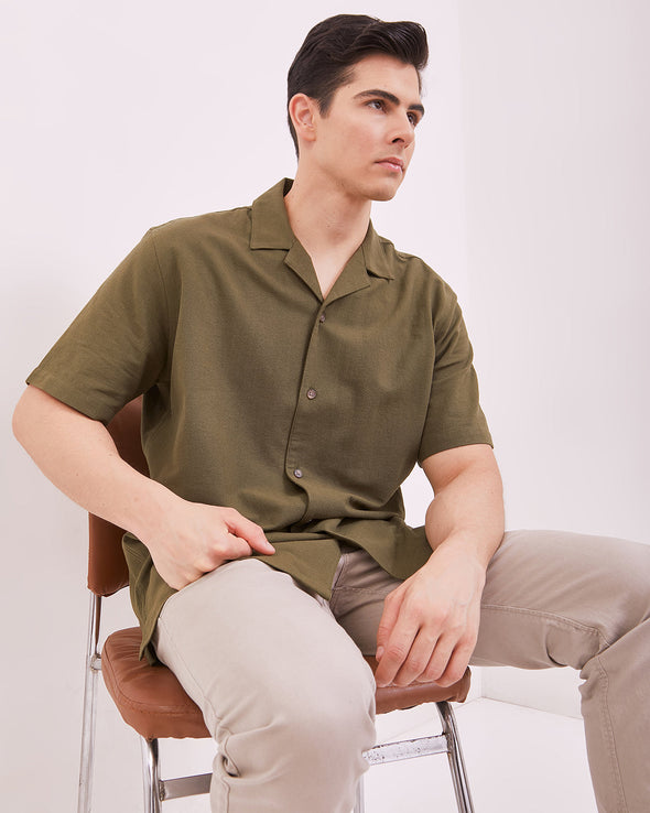 Men's Plain Olive Green Short Sleeved Shirt