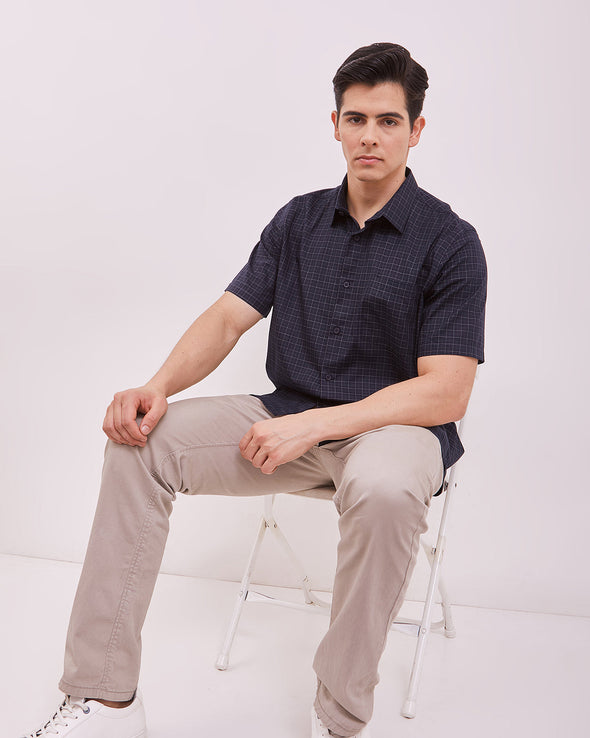 Men's Navy Printed Short Sleeved Shirt