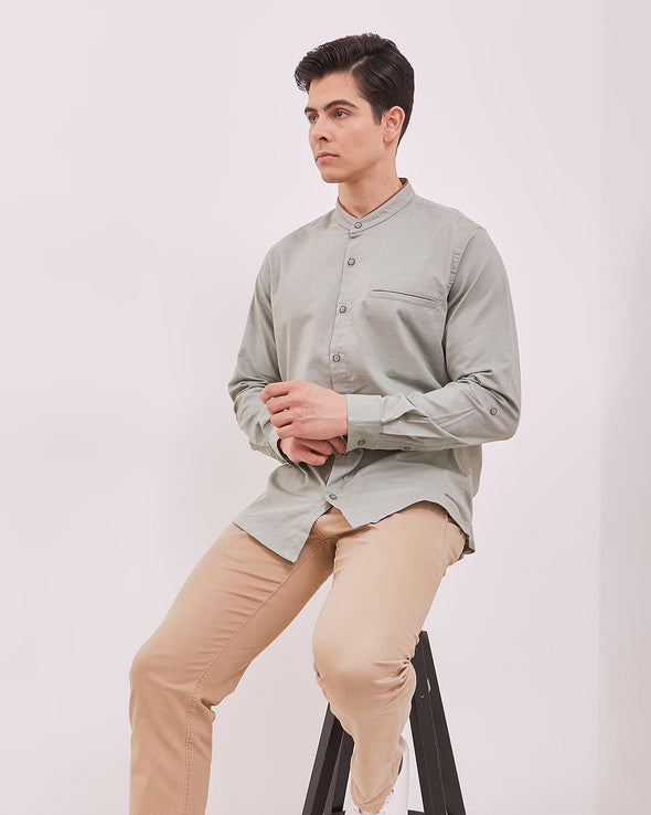 Men's Sage Green Plain Long Sleeve Shirt