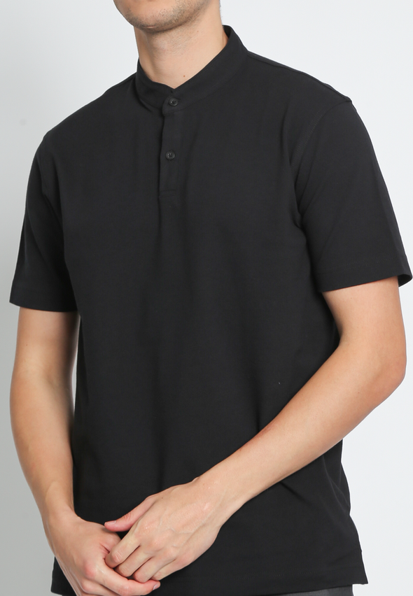Modern Fit Black Polo Cotton Shirt with Shanghai Collar