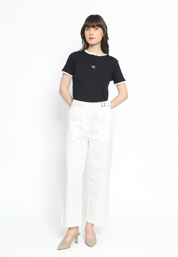 White Wide Leg Pants With Belt Detail