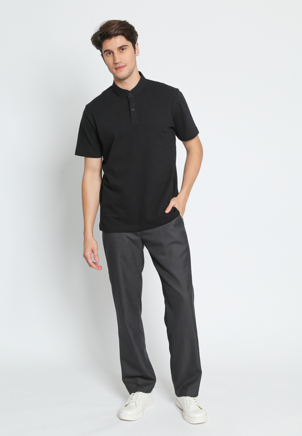 Modern Fit Black Polo Cotton Shirt with Shanghai Collar