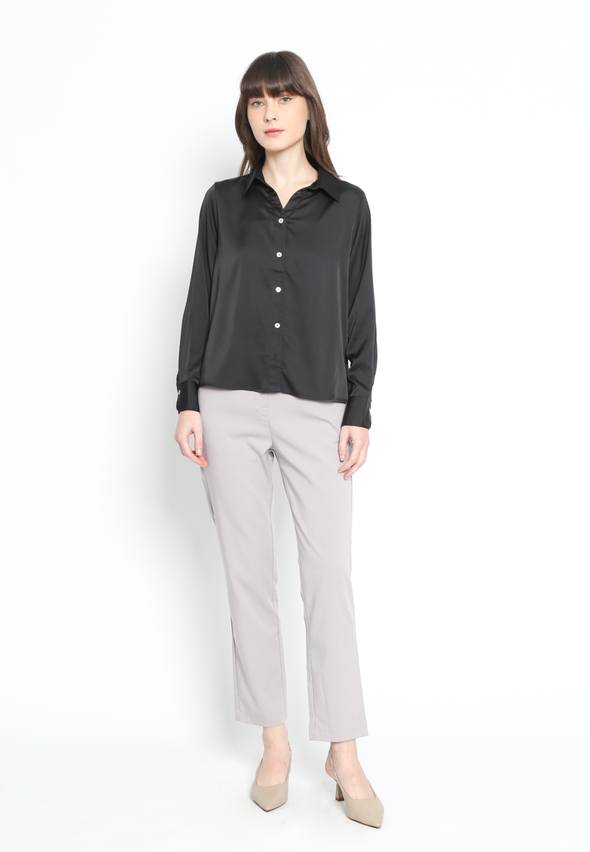 Black Satin Oversize Fit Women's Long Sleeve Shirt