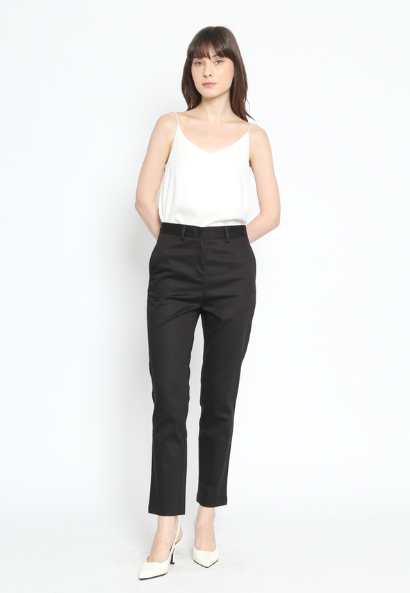 Black Twill Women's Pants with Front Zipper