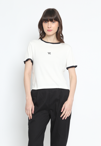 Women's Round Neck Off-White Tee with Contrast Detail