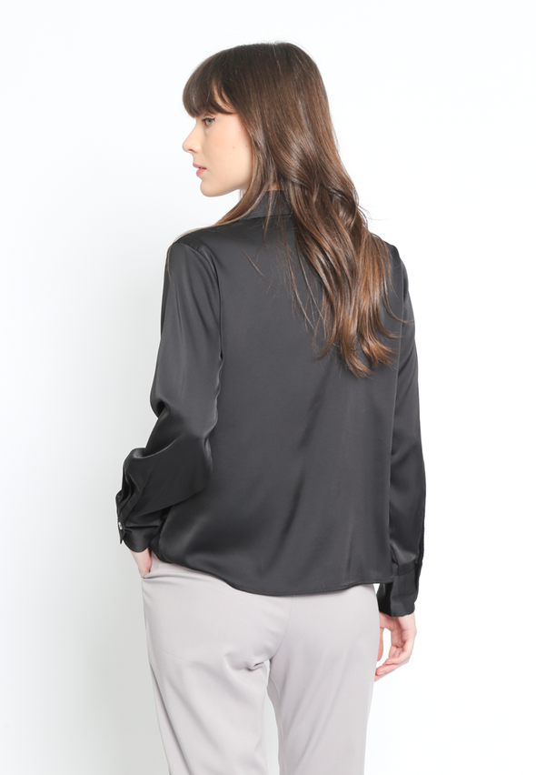 Black Satin Oversize Fit Women's Long Sleeve Shirt