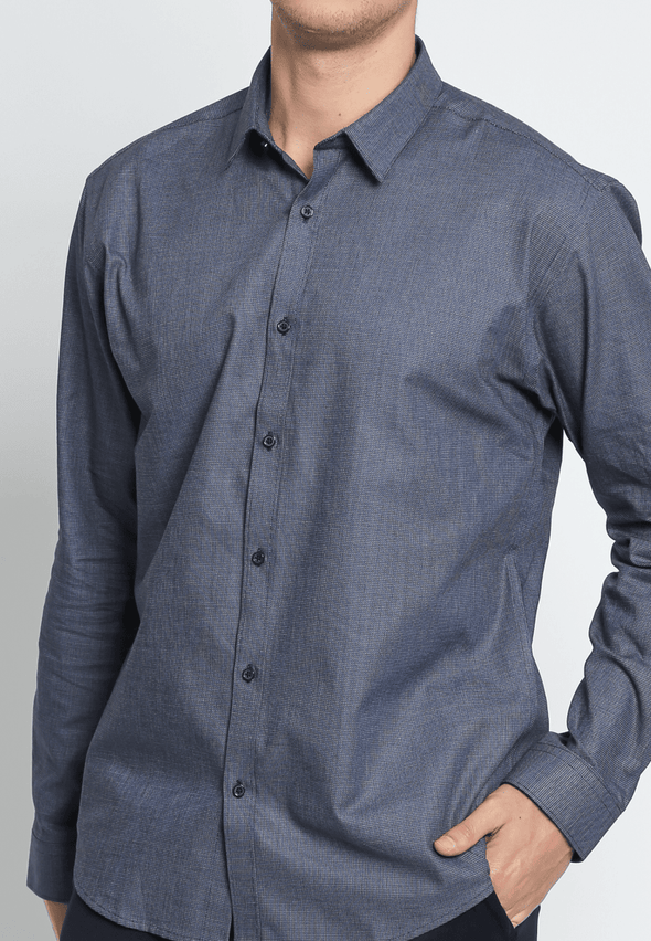 Classic Navy Slim Fit Cotton Shirt with Long Sleeves