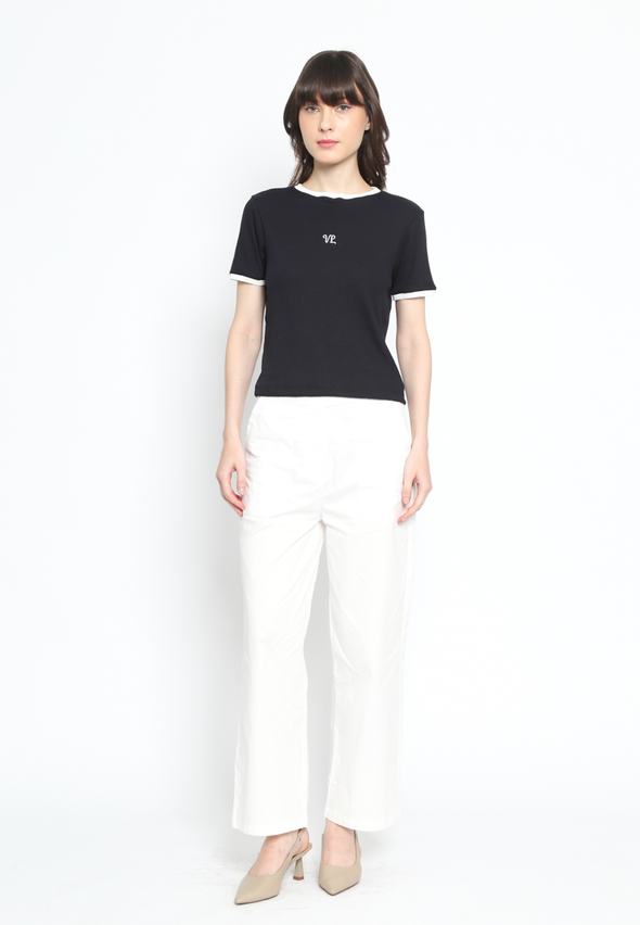 Black Ribbed Cotton Tee with Contrasting Collar