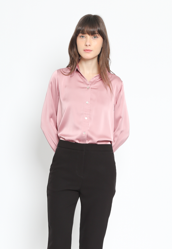 Pink Satin Oversize Fit Women's Long Sleeve Shirt