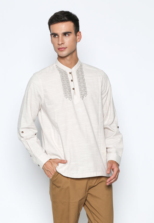 Cream Embroidered Stand Collar Shirt