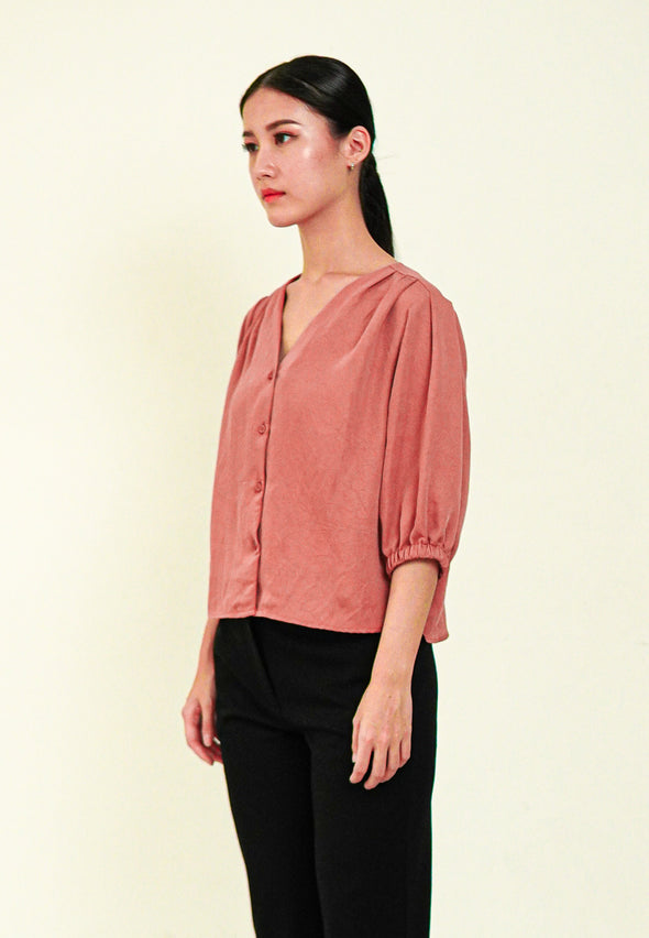 Rosy Pink Puff Sleeve Shoulder Pleats Blouse