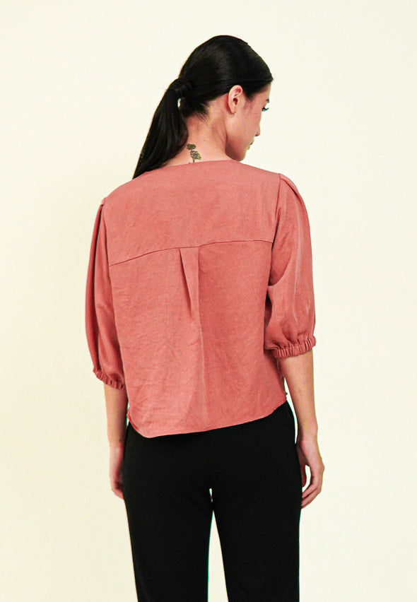 Rosy Pink Puff Sleeve Shoulder Pleats Blouse