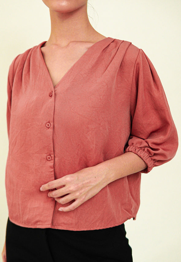 Rosy Pink Puff Sleeve Shoulder Pleats Blouse