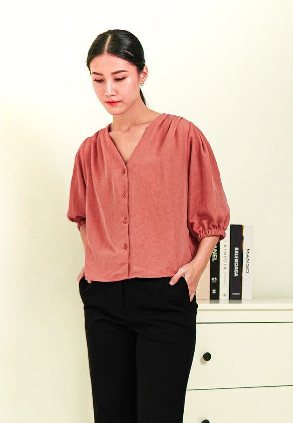 Rosy Pink Puff Sleeve Shoulder Pleats Blouse