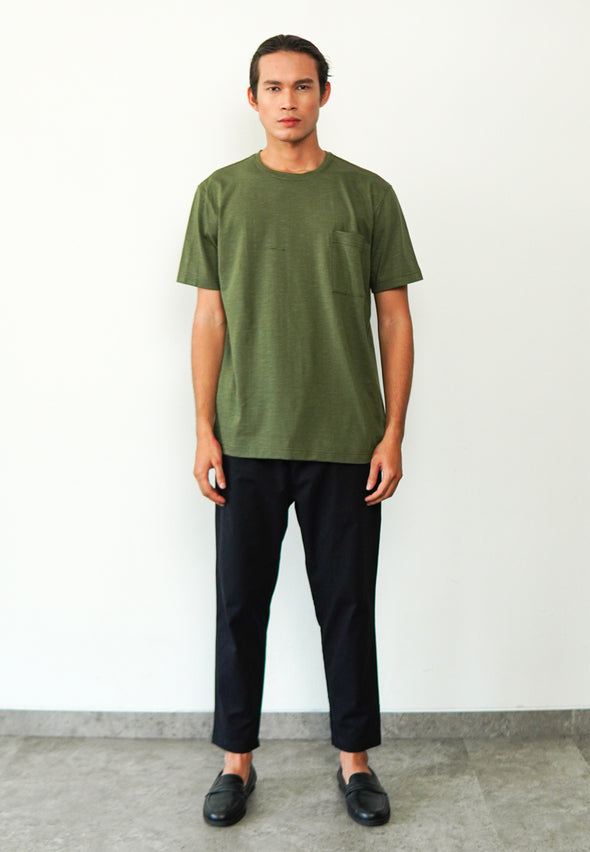 Olive Green Cotton Slub T-Shirt With Pocket