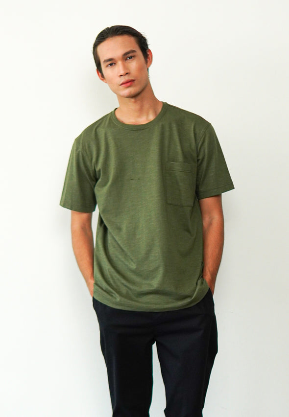 Olive Green Cotton Slub T-Shirt With Pocket