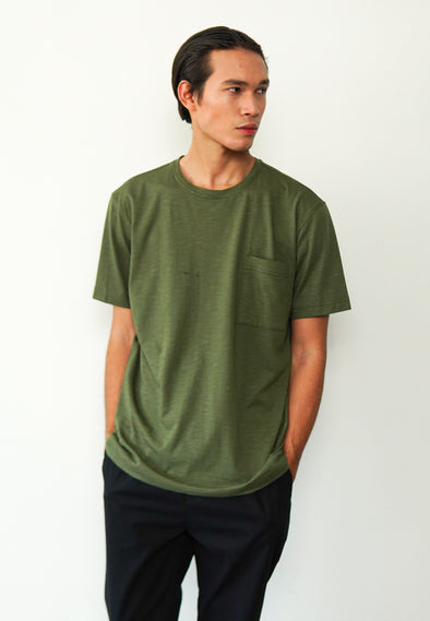 Olive Green Cotton Slub T-Shirt With Pocket