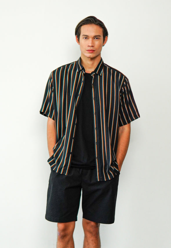 Black Stripes Print Rayon Twill Shirt