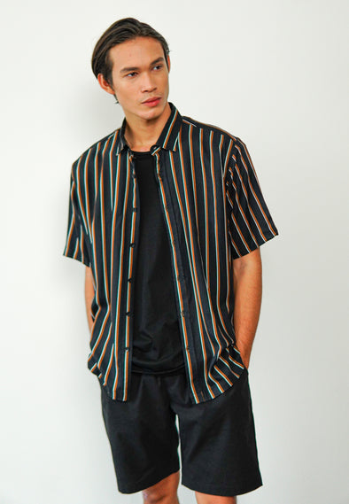 Black Stripes Print Rayon Twill Shirt