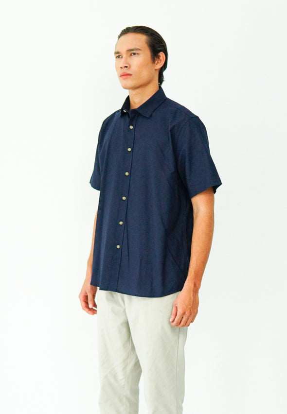 Navy Blue Cotton Linen Look Shirt
