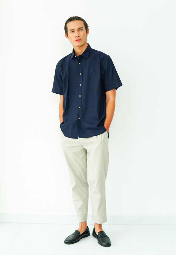 Navy Blue Cotton Linen Look Shirt