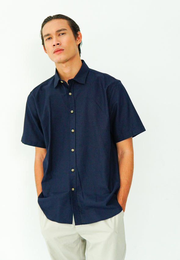Navy Blue Cotton Linen Look Shirt
