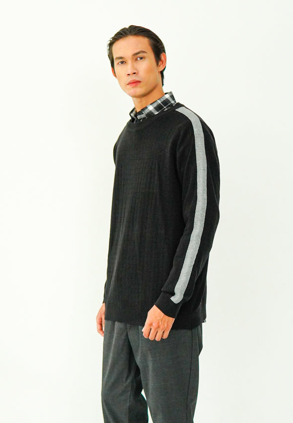 Black Textured Knit Sweater With Contrast Tape