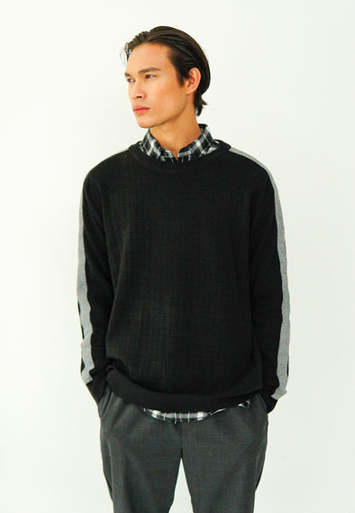 Black Textured Knit Sweater With Contrast Tape