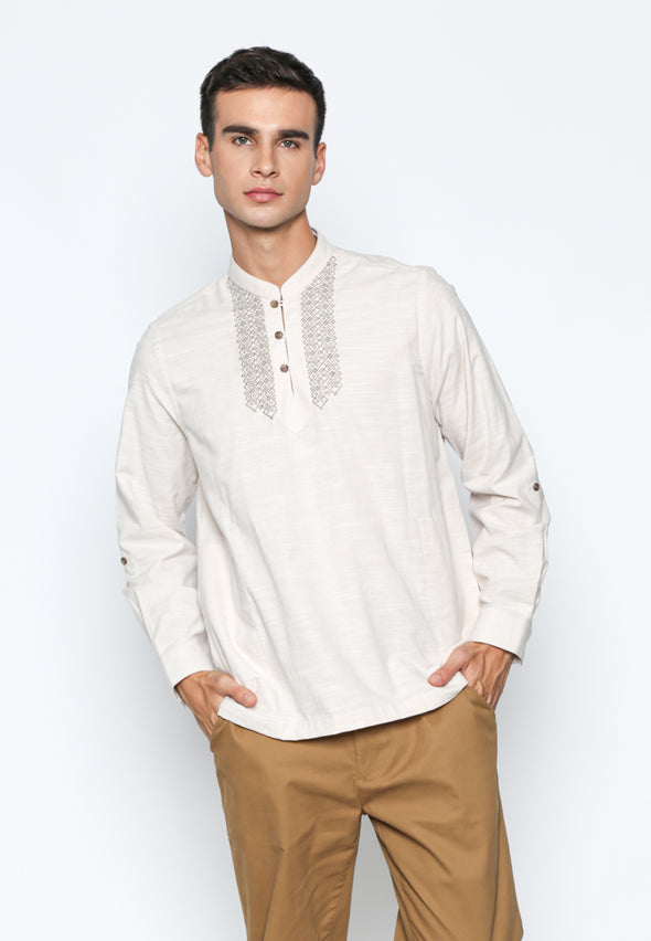 Cream Embroidered Stand Collar Shirt