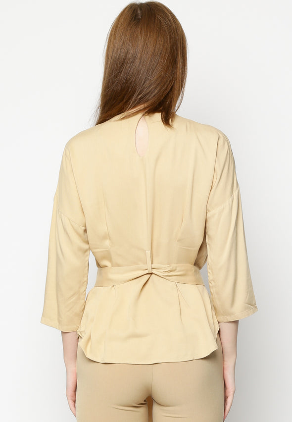 Cream Long Sleeves Belted Blouse