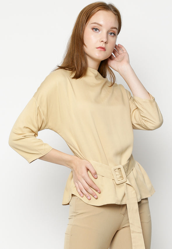 Cream Long Sleeves Belted Blouse