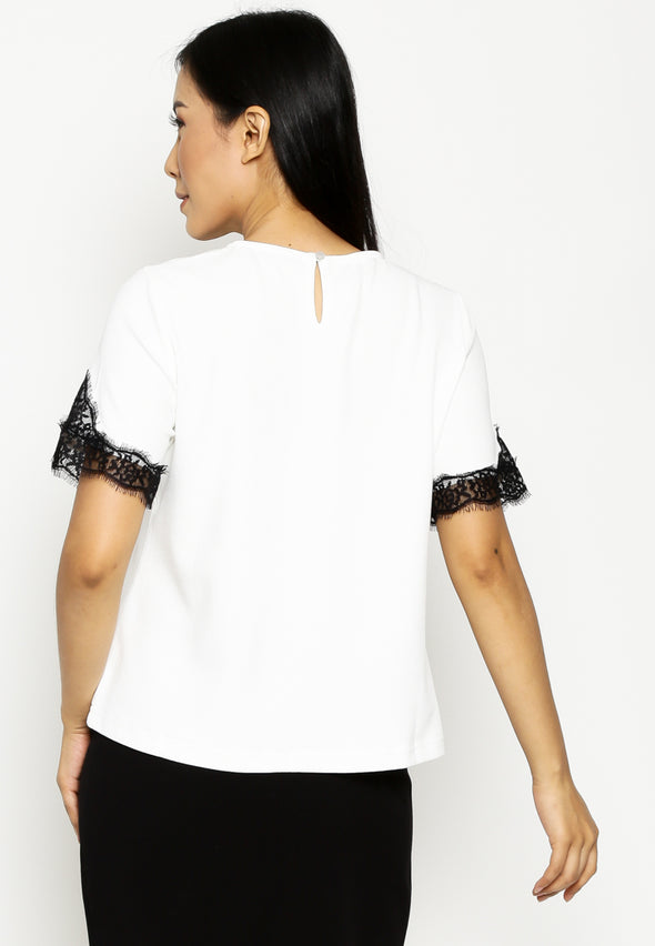 White Short Sleeves Lace Accent Blouse