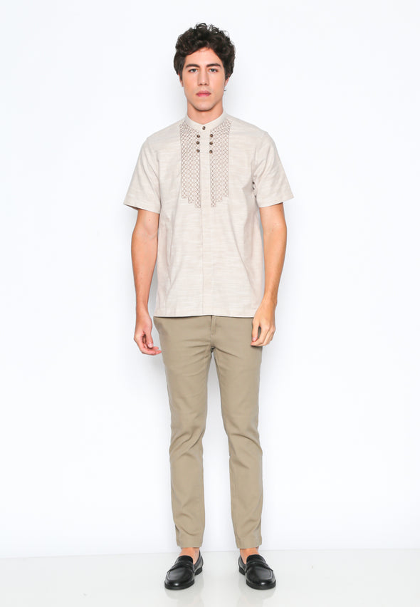 Khaki Embroidered Stand Collar Shirt