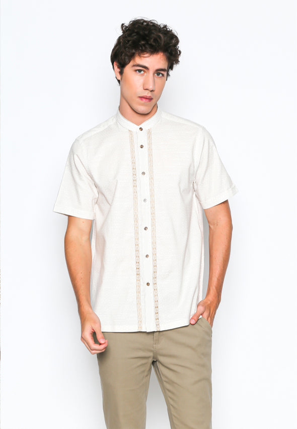 White Geometric Printed Stand Collar Shirt