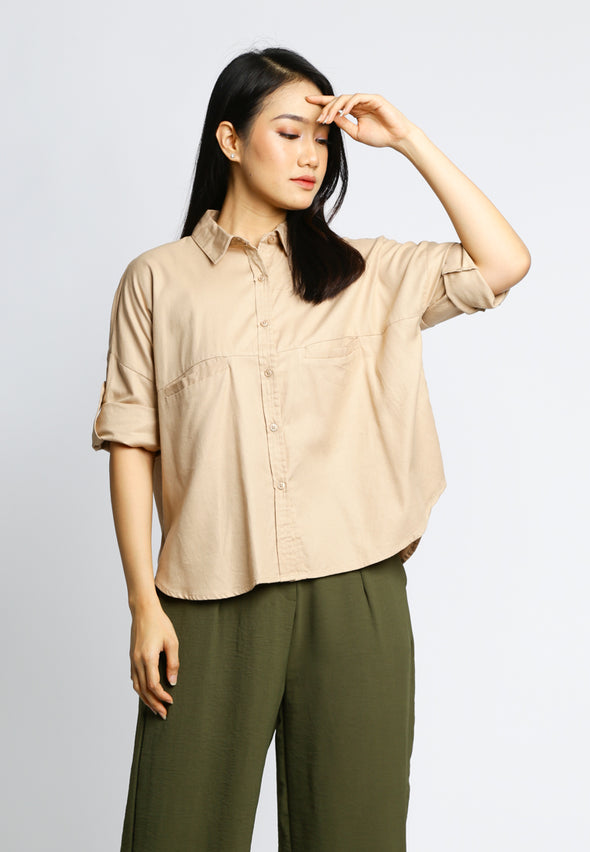 Beige Batwing Shirt With Front Pocket