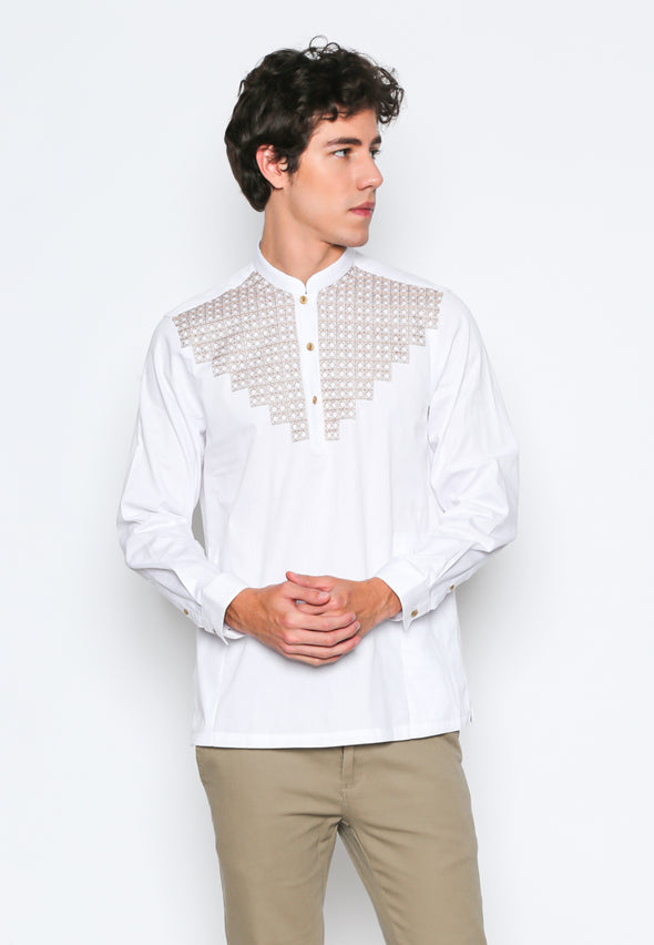 White Embroidered Stand Collar Shirt