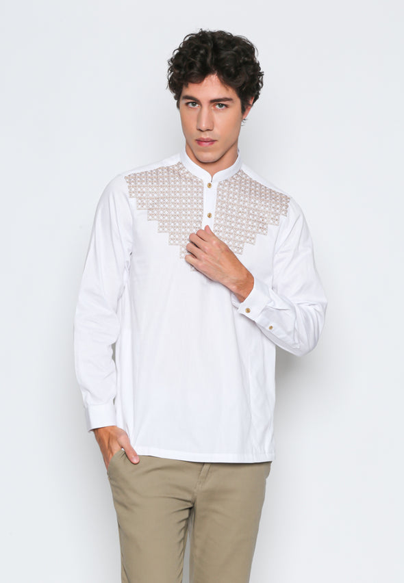 White Embroidered Stand Collar Shirt