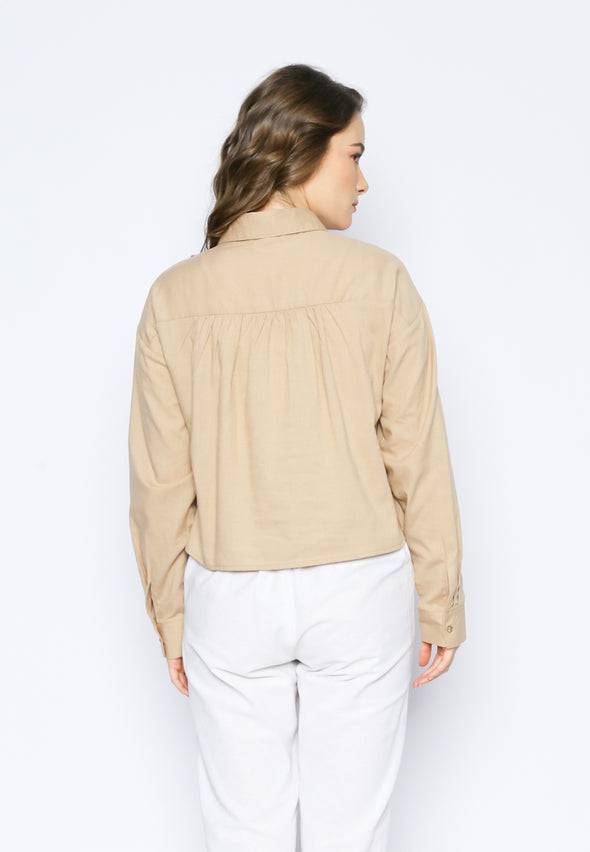 Beige Adjustable Front Drawstring Blouse