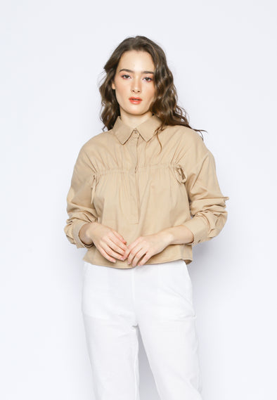 Beige Adjustable Front Drawstring Blouse