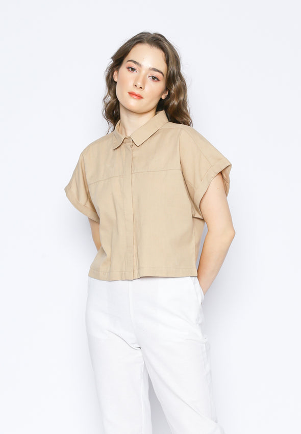 Beige Folded Sleeves Crop Shirt