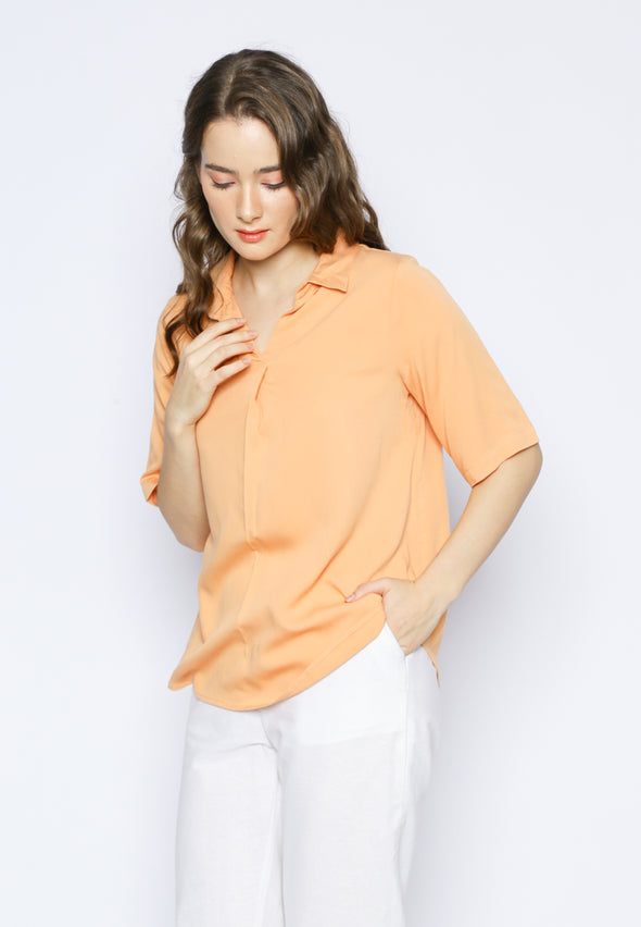 Pale Orange V-Neck Short Sleeves Blouse