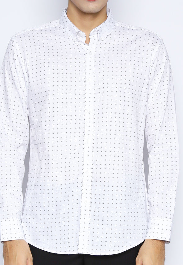 White Geometric Print Slim Fit Shirt