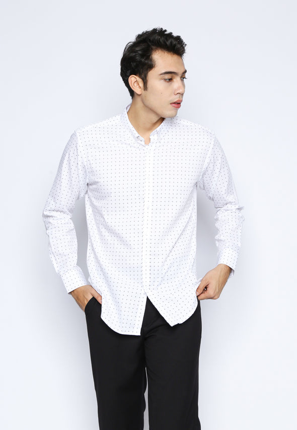 White Geometric Print Slim Fit Shirt