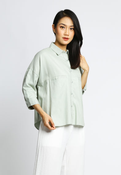 Sage Green Batwing Shirt With Front Pocket