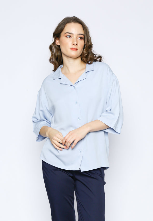 Pale Blue Cuban Collar 7/8 Sleeves Shirt