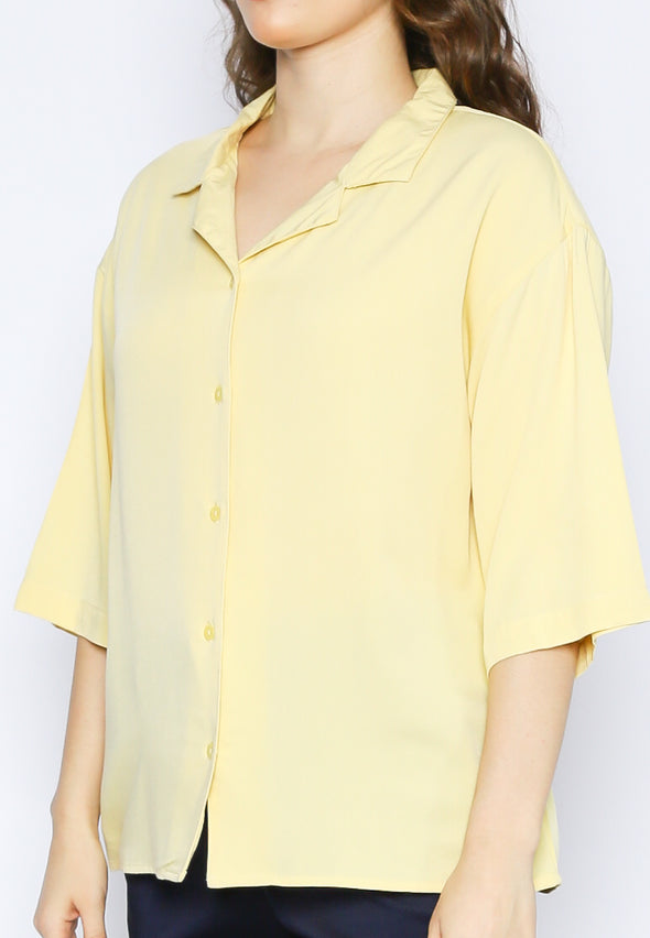 Pale Yellow Cuban Collar 7/8 Sleeves Shirt